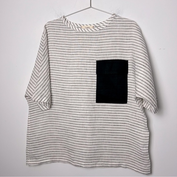 thesalting Tops - thesalting 100% Linen Striped White and Black Flap Pocket Minimalist Modern Top